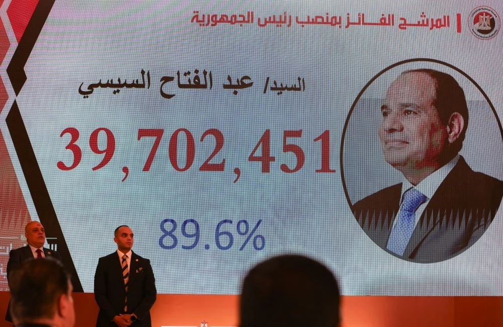 An image of Abdel Fattah El-Sisi is displayed at the announcement of the results of Egypt’s presidential election, Nasr City, Cairo, Egypt, Dec. 18, 2023. (Reuters)