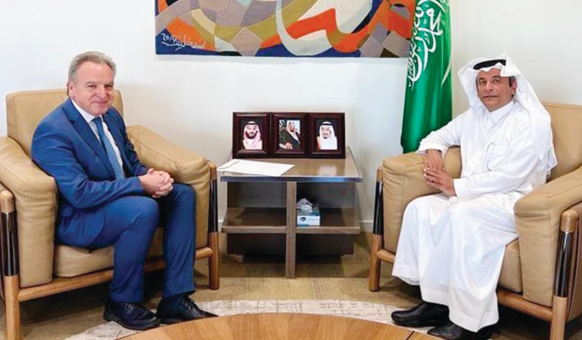 Ali Al-Yousef holds talks with Alexis Konstantopoulos in Riyadh. (Supplied)