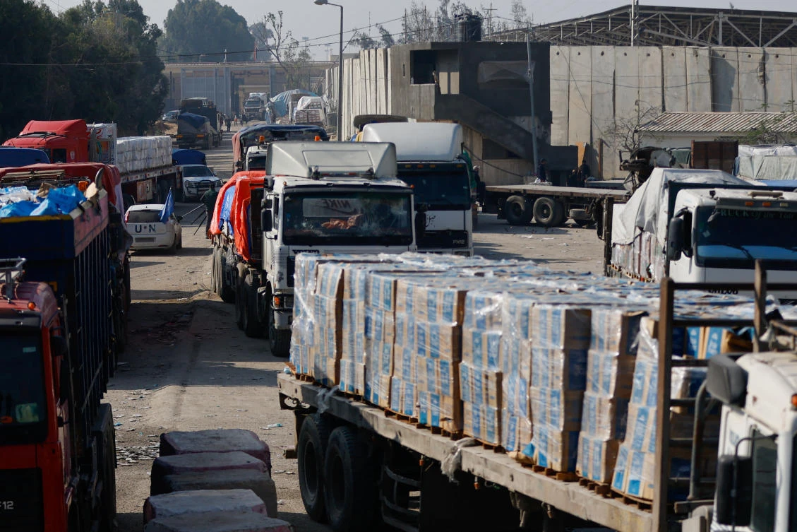 Trucks carrying aid move at Rafah border, amid the ongoing conflict between Israel and Hamas, in Rafah in the southern Gaza Strip, Dec. 18, 2023. (Reuters)