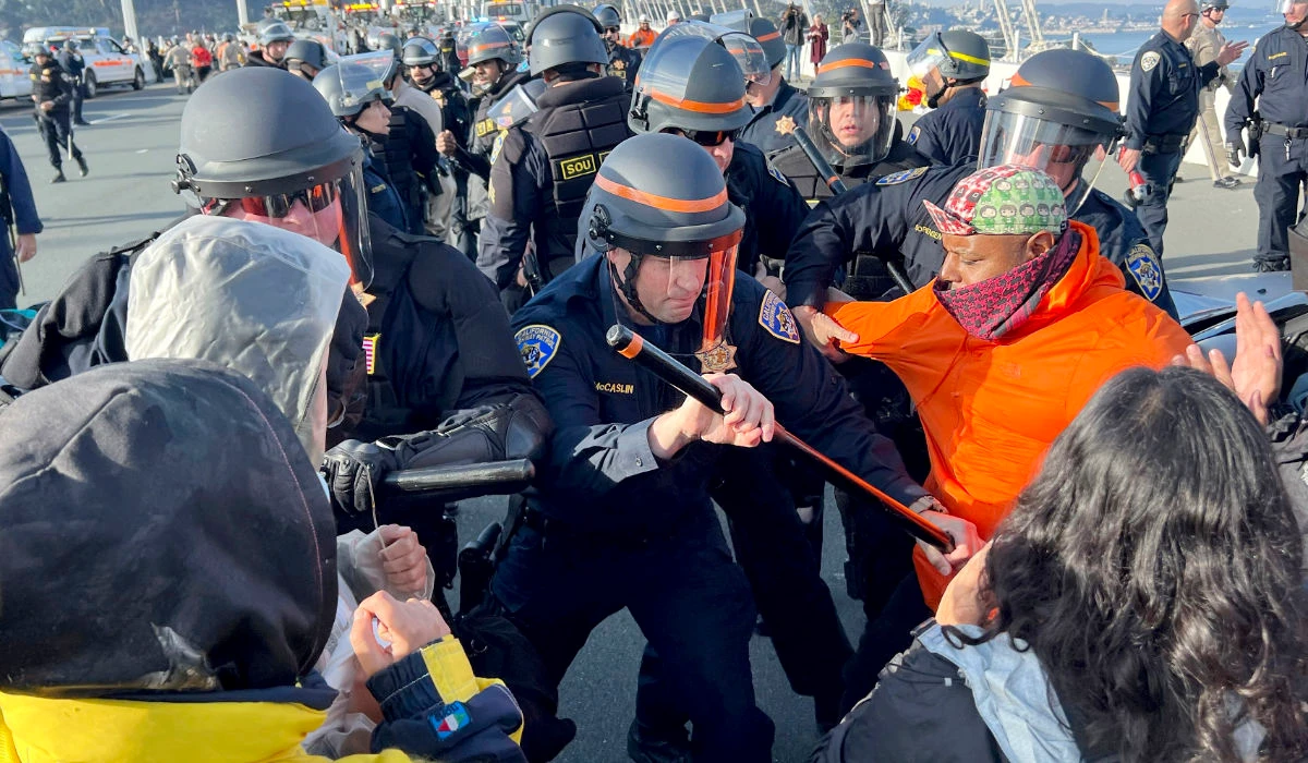 Demonstrators clash with police as arrests are made after shutting down the San Francisco Oakland Bay Bridge in conjunction with the APEC Summit taking place Thursday, Nov. 16, 2023, in San Francisco. (AP)