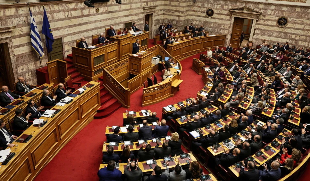 Greek Prime Minister Kyriakos Mitsotakis addresses lawmakers ahead of a parliament vote on the 2024 budget, in the Greek parliament in Athens, Greece December 17, 2023. (REUTERS)