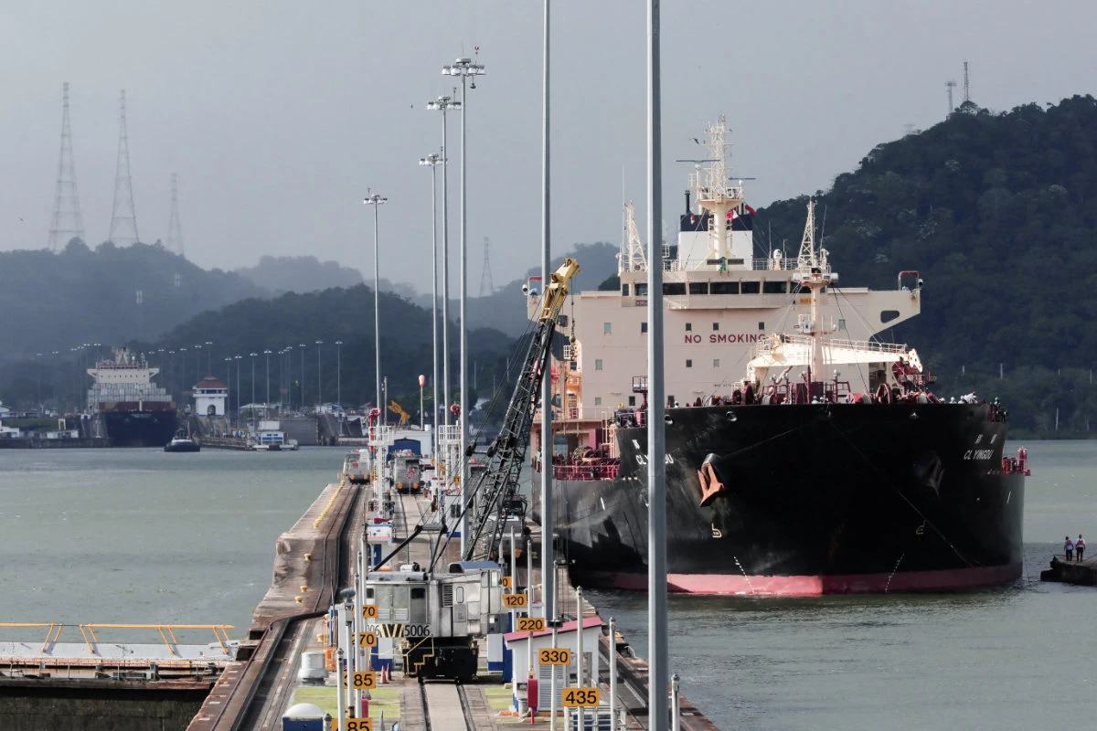 A chemical tanker transits through the Miraflores Locks at the Panama Canal on December 18, 2023. (Reuters)