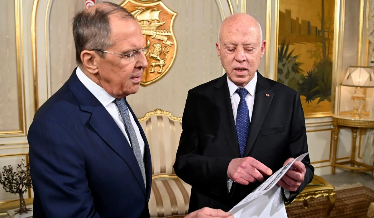 Tunisian President Kais Saied receives Russian Foreign Minister Sergey Lavrov in Tunis. (AP)