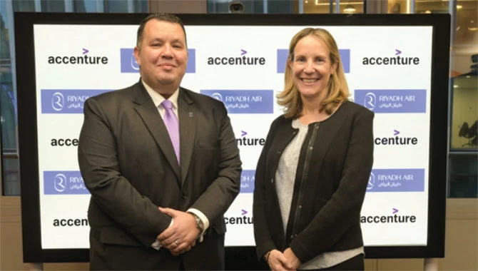 Adam Boukadida, chief financial officer of Riyadh Air, and Emily Weiss, senior managing director at Accenture and head of its travel practice globally.