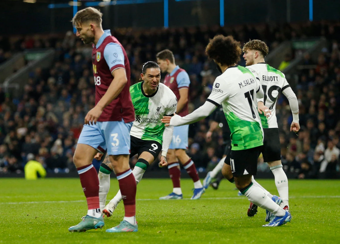 Liverpool’s Darwin Nunez celebrates scoring their first goal with Mohamed Salah during the Premier League match between Liverpool and Burnley on Tuesday. (Reuters)