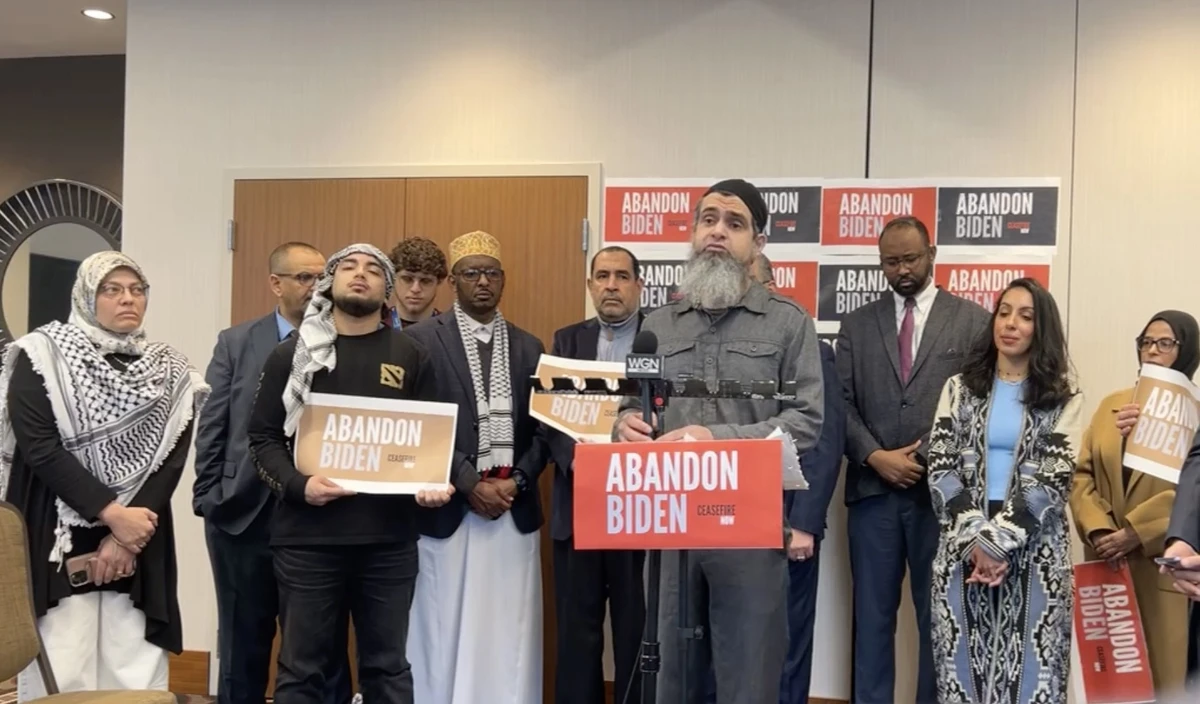 #AbandonBiden activists hold a press conference in Chicago as they expand their network of support to prevent US President Joe Biden from winning the November 2024 presidential election. Photo courtesy of #AbandonBiden Facebook stream.
