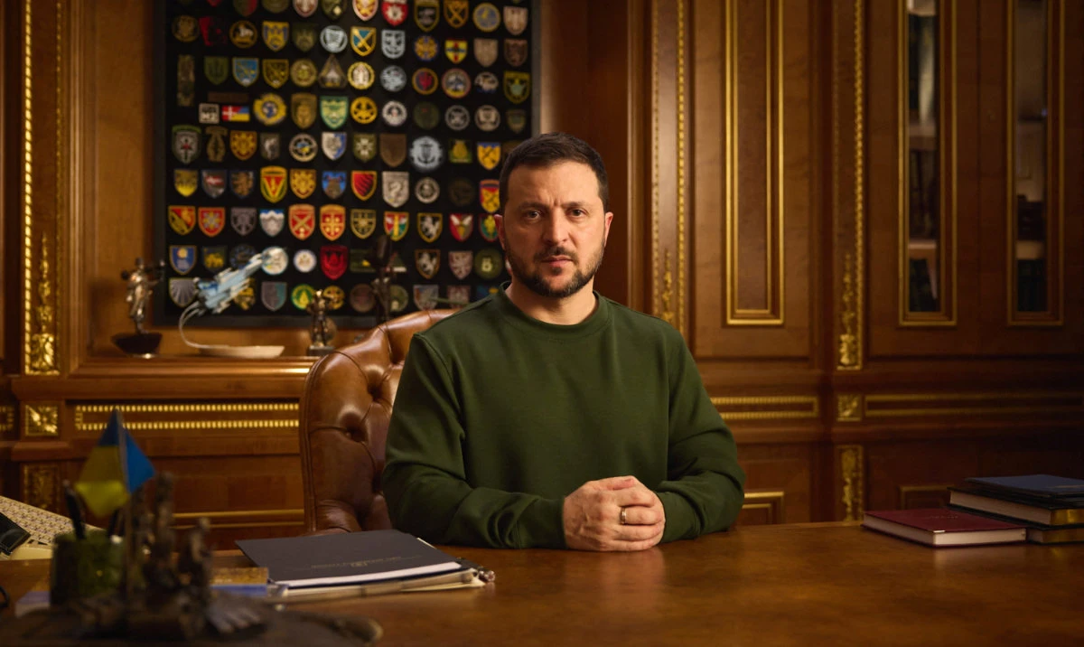 Ukraine's President Volodymyr Zelensky addresses Ukrainian people on the New Year's eve, amid Russia's attack on Ukraine, in Kyiv, Ukraine, in this handout picture released on December 31, 2023. (Reuters)