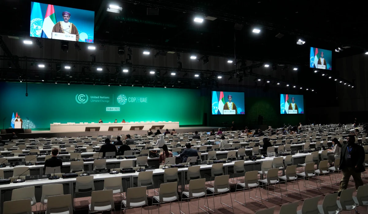 Delegates during a plenary session at the COP28 UN Climate Summit, Dec. 9, 2023, in Dubai, United Arab Emirates. (AP)