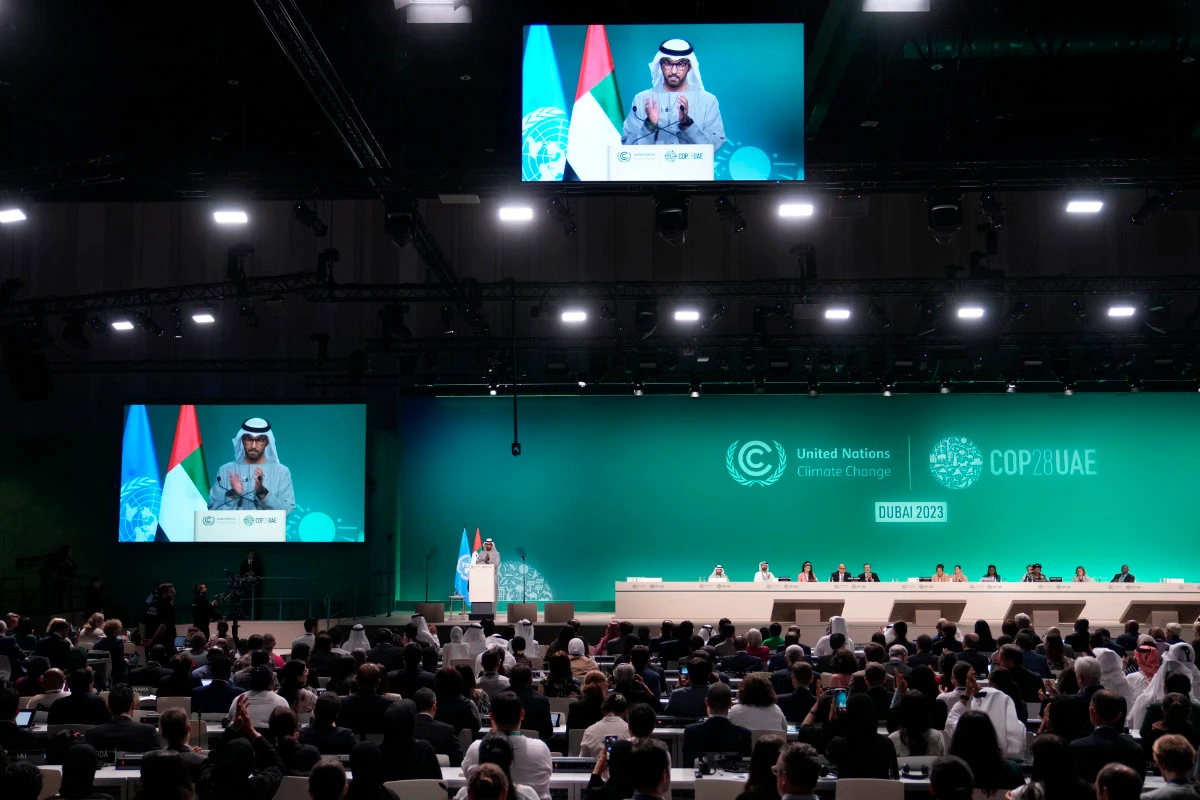 COP28 President Sultan al-Jaber speaks during a plenary session at the UN Climate Summit in Dubai on Dec. 13, 2023. (AP)