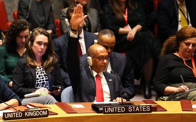 US diplomat Robert A. Wood raises his hand during a UN Security Council meeting on Gaza, in New York. (Reuters)