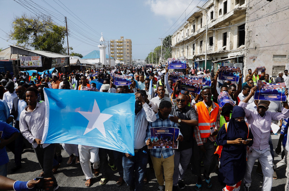 Somali people march against the Ethiopia-Somaliland port deal at the Yarisow stadium in Mogadishu, Somalia January 3, 2024. (Reuters)