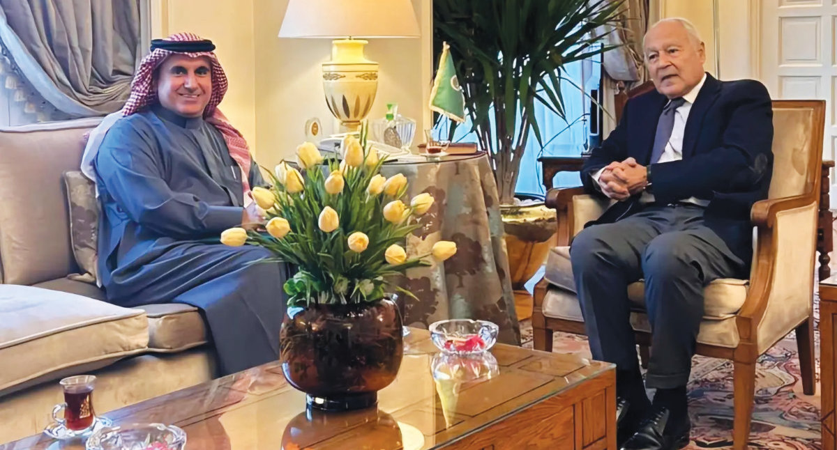 Arab League Secretary-General Ahmed Aboul Gheit, right, and Saudi Ambassador Abdulaziz bin Abdullah Al-Matar. (SPA)
