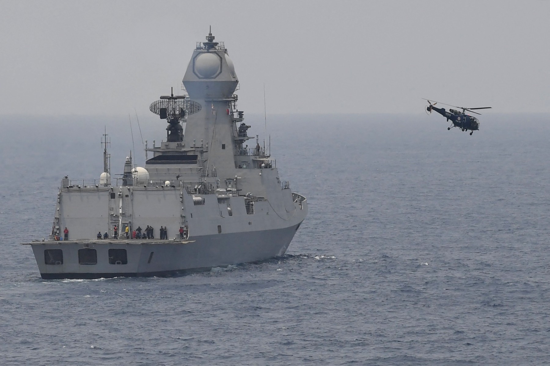 In this photo taken on March 28, 2022, the Indian warship INS Chennai is seen during a multinational maritime exercise off the coast of Goa. (AFP)