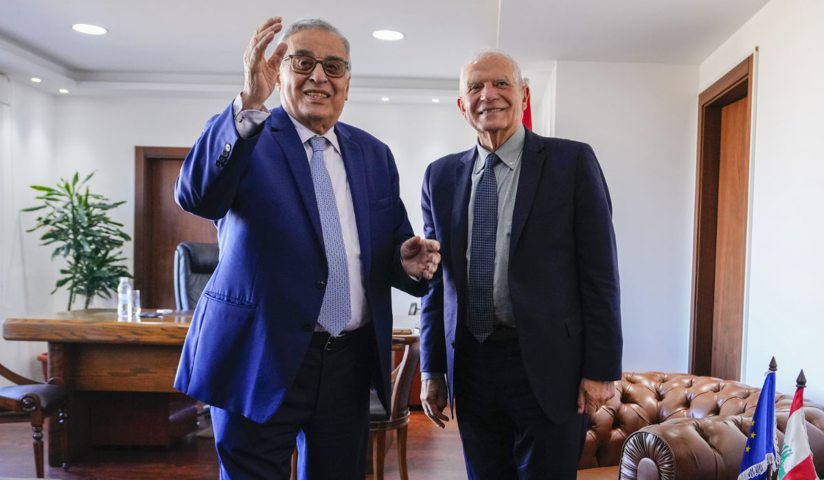 Lebanese Foreign Minister Abdallah Bouhabib, left, gestures as he welcomes European Union foreign policy chief Josep Borrell before their meeting in Beirut, Lebanon, Saturday, Jan. 6, 2024. (AP)
