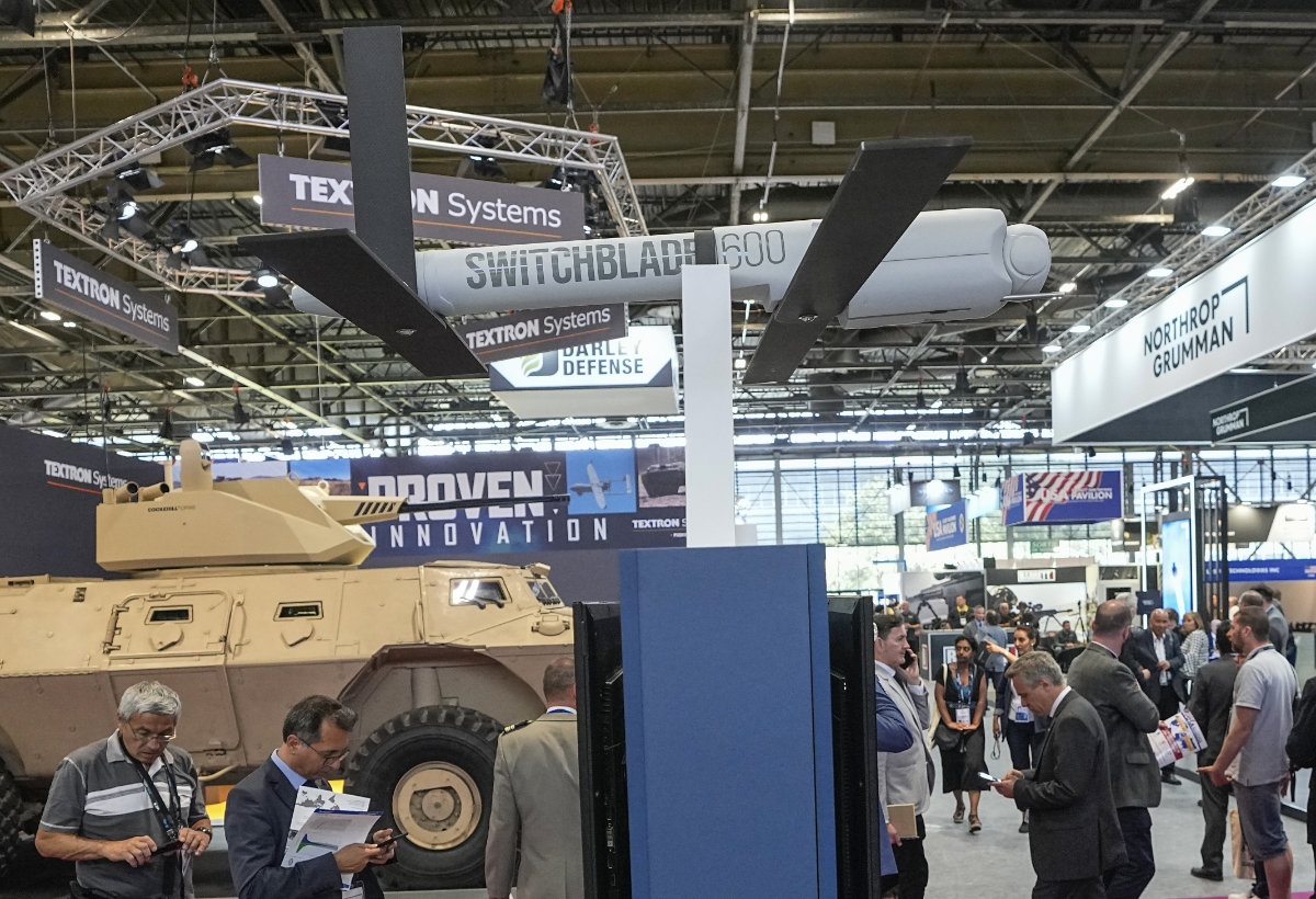 A Switchblade 600 loitering missile drone manufactured by AeroVironment is displayed at the Eurosatory arms show in Villepinte, north of Paris, on June 14, 2022. AeroVironment was among five American defense-related companies sanctioned by China on Sunday in response to US arms sales to Taiwan. (AP/File)