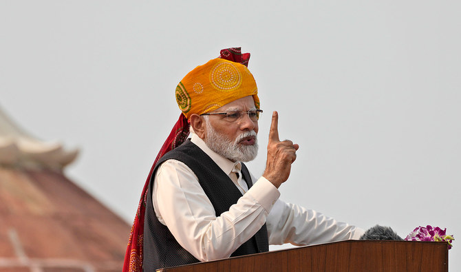 Indian Prime Minister Narendra Modi speaks at 17th century Mughal-era Red Fort monument on country's Independence Day in New Delhi, India, Tuesday, Aug.15, 2023. (AP)