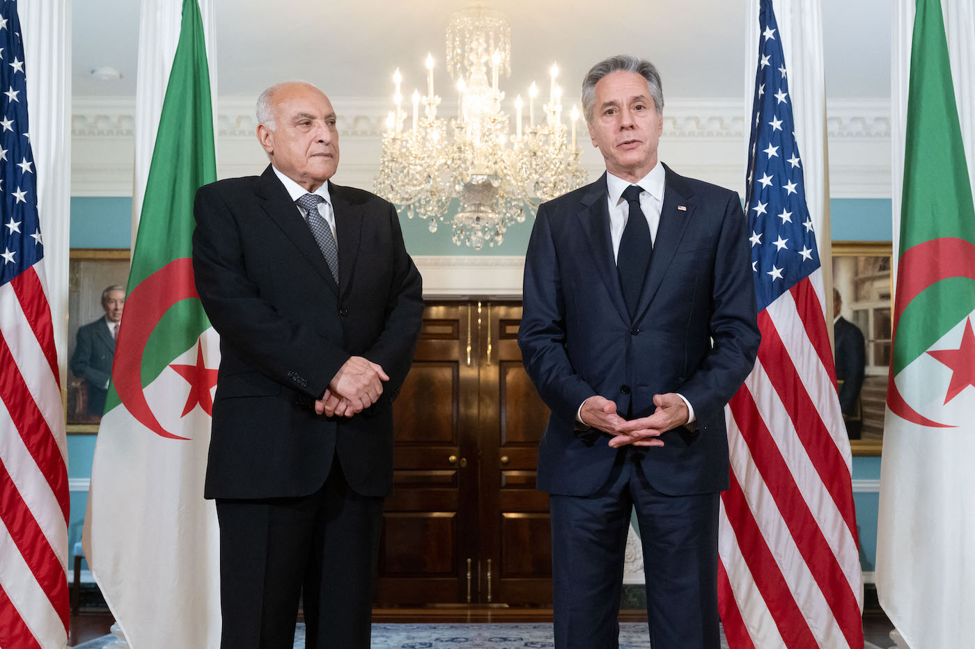 US Secretary of State Antony Blinken and Algerian Foreign Minister Ahmed Attaf speak to the media in Washington. (File/AFP)