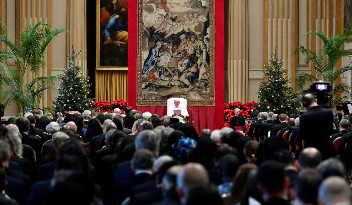 Pope Francis delivers his yearly address to the diplomatic corps accredited to the Vatican, sometimes called his "State of the World" address, at the Vatican January 8, 2024. (REUTERS)