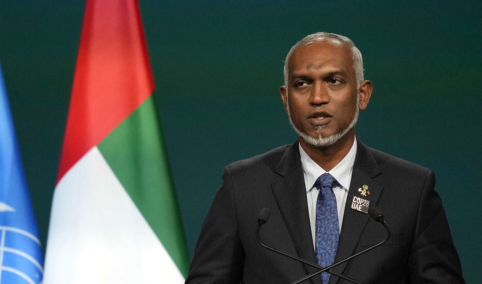 Maldives President Mohamed Muizzu speaks during a plenary session at the COP28 U.N. Climate Summit, in Dubai, United Arab Emirates, on December 1, 2023. (AP)