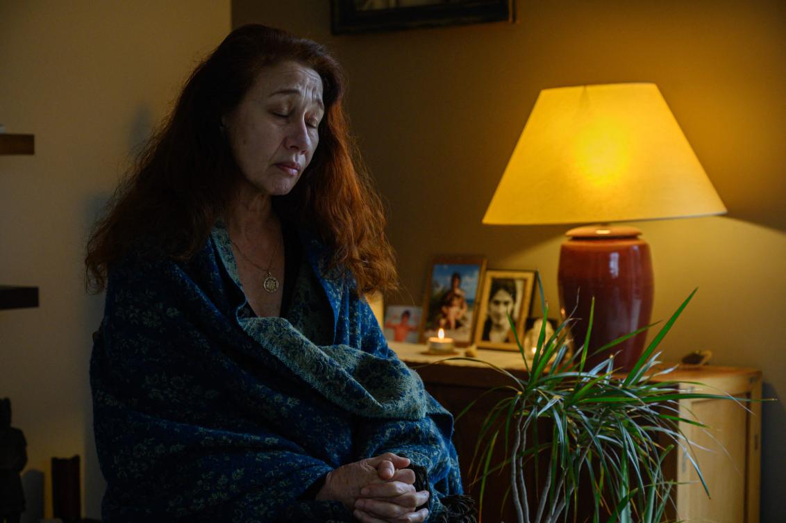 Marie-Pascale Radoux, whose 32 year-old Franco-Mexican son Orion Hernandez Radoux is one of some 132 hostages held in the Gaza Strip, speaks to AFP at her home in Labastide-Saint-Georges, near the southwestern city of Toulouse on Jan. 8, 2024. (AFP)