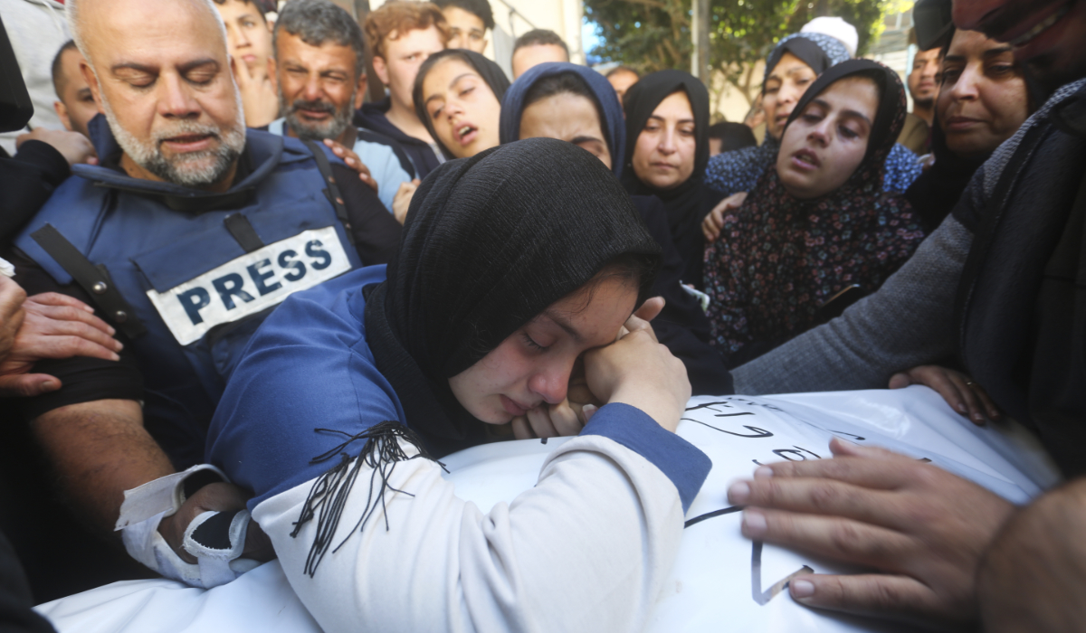 Al Jazeera journalist Wael Dahdouh mourns his son Hamza, who also worked for Al Jazeera and who was killed in an Israeli airstrike in Rafah, Gaza Strip, Sunday, Jan. 7, 2024. (AP)