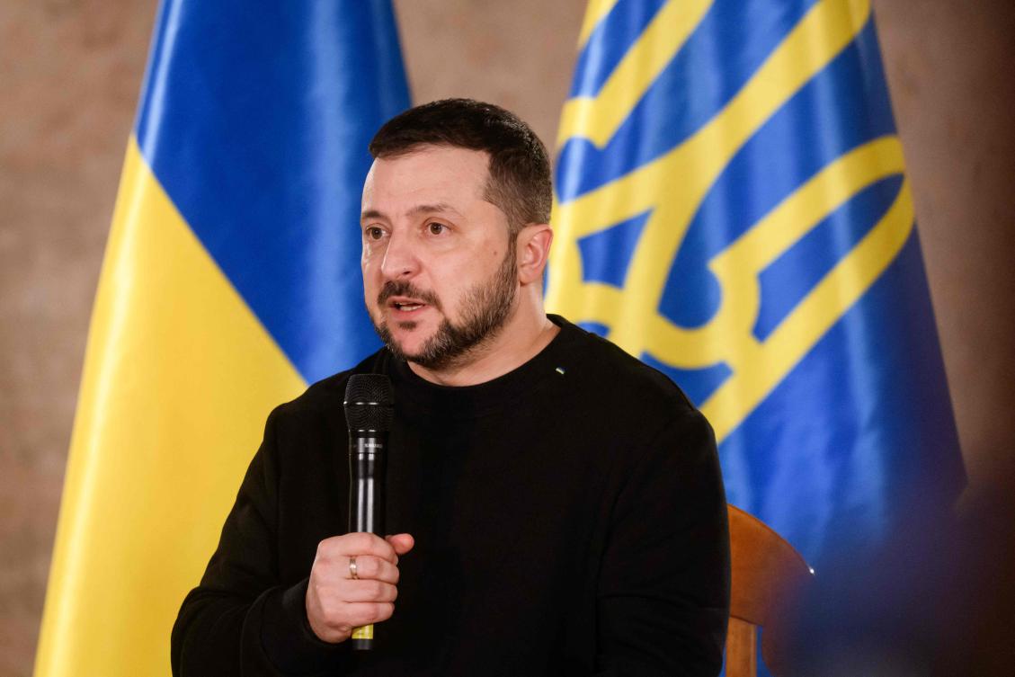 Ukraine’s President Volodymyr Zelensky speaks during a questions and answers session with International media representatives in the Latvian National History Museum on Jan. 11, 2024 in Riga. (AFP)