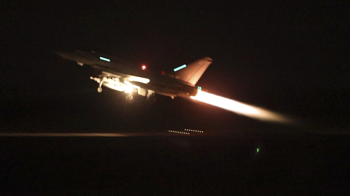 In this image provided by the UK Ministry of Defence taken on Thursday shows an RAF Typhoon aircraft taking off from RAF Akrotiri in Cyprus, for a mission to strike targets in Yemen.(AP)