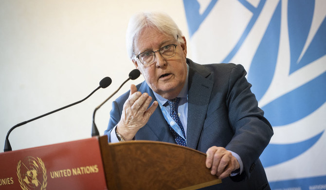 United Nations Under-Secretary-General for Humanitarian Affairs and Emergency Relief Coordinator Martin Griffiths speaks during a press conference on the situation in Gaza, at UN Building in Geneva, on November 15, 2023. (AFP/File)