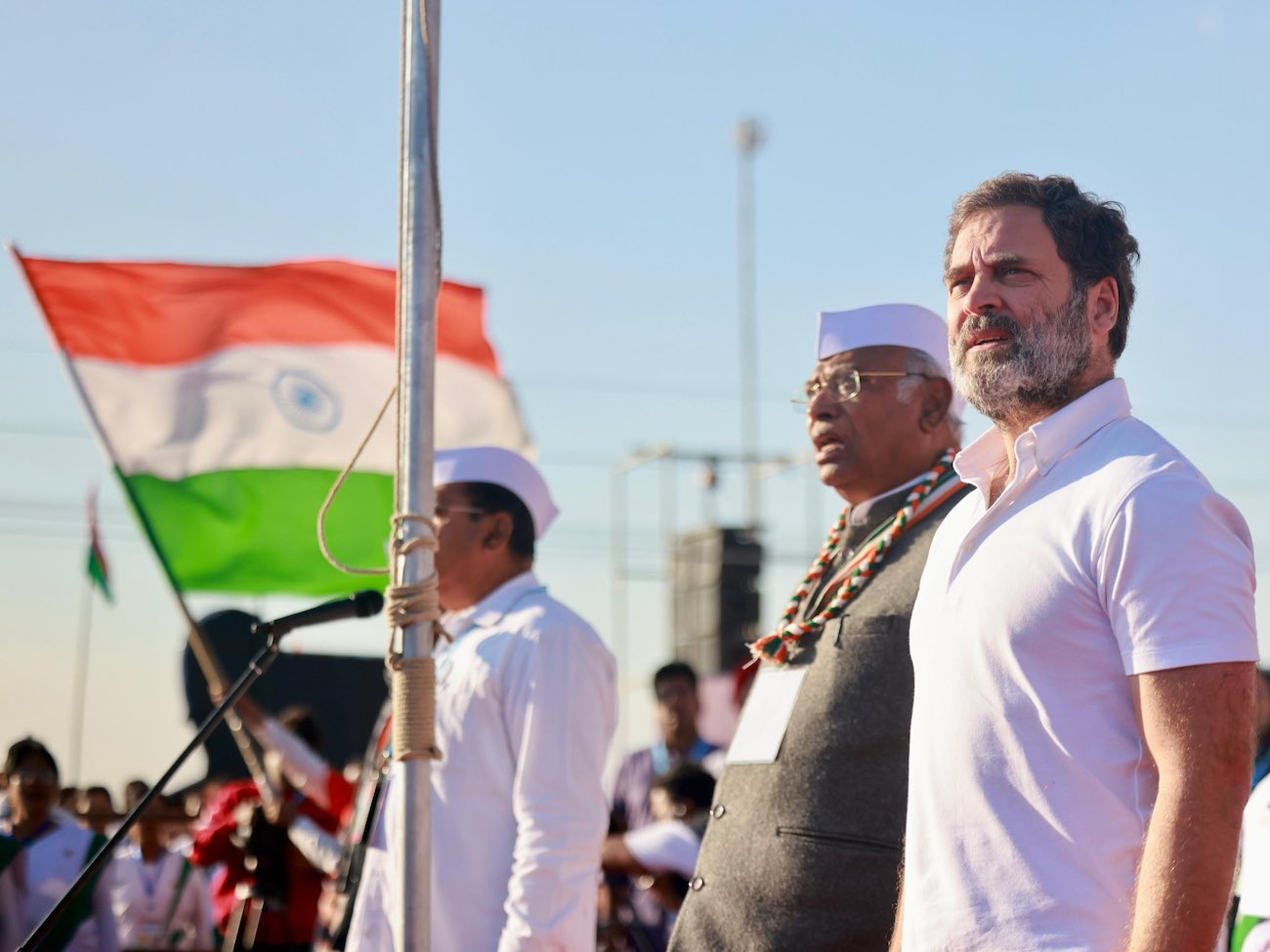 Rahul Gandhi, right, stands before a crowd in Manipur ahead of his cross-country march on Jan. 14, 2023. (Indian National Congress)