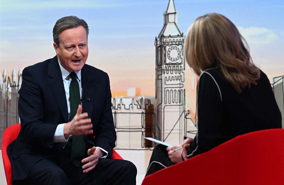 A handout picture released by the BBC, taken and received on January 14, 2024, shows Britain's Foreign Secretary David Cameron appearing on the BBC's "Sunday with Laura Kuenssberg" political television show in London. (File/AFP)