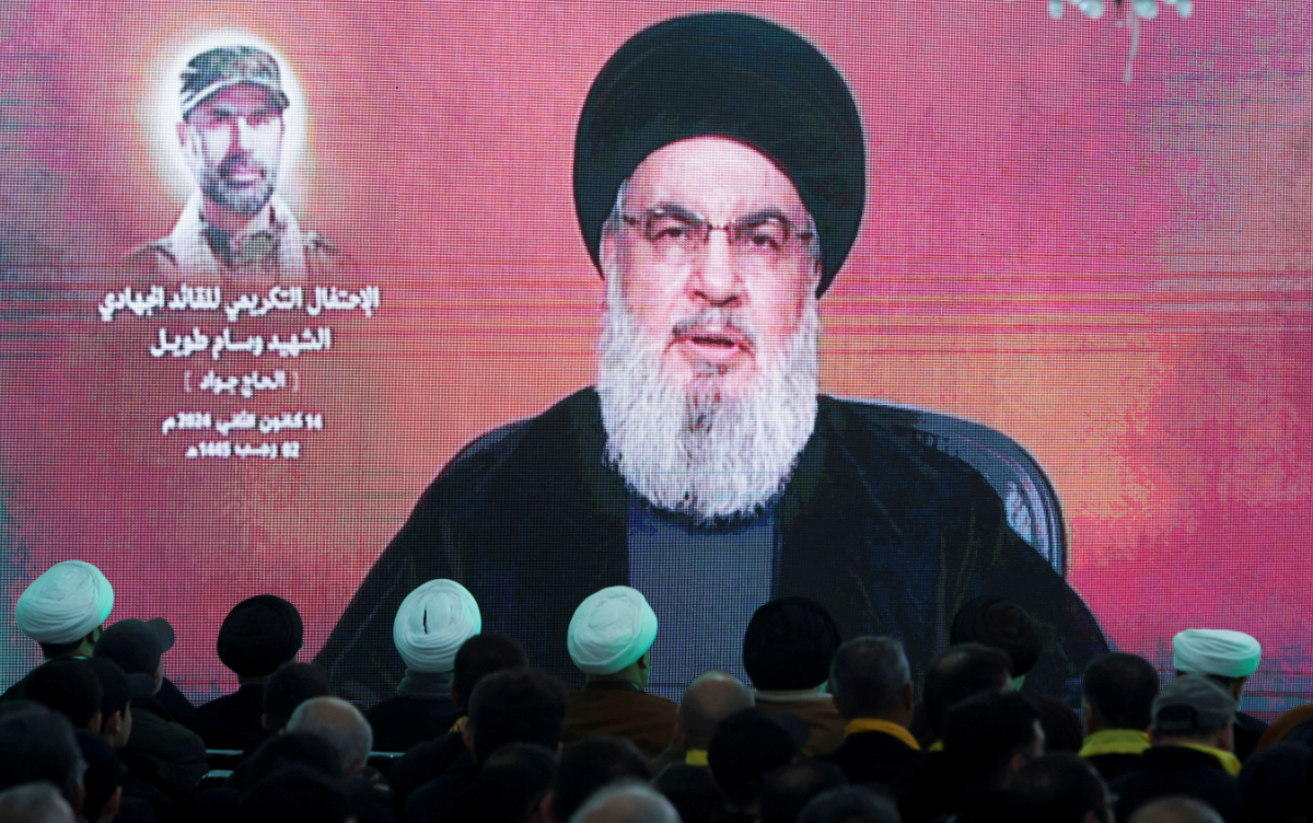 ebanon's Hezbollah leader Sayyed Hassan Nasrallah gives a televised address at a memorial ceremony to mark one week since the killing of Wissam Tawil, a commander of Hezbollah's elite Radwan forces, in Khirbet Silem, southern Lebanon, January 14, 2024. (REUTERS)
