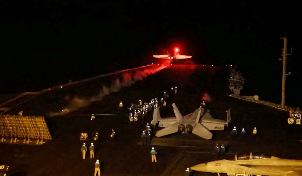 An aircraft takes off to join the U.S.-led coalition to conduct air strikes against military targets in Yemen, aimed at the Iran-backed Houthi militia that has been targeting international shipping in the Red Sea, from an undisclosed location. (REUTERS)