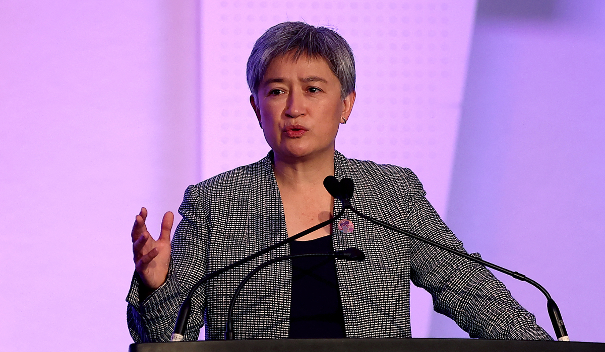 Australian Minister for Foreign Affairs Penny Wong speaks during the Gender Symposium at the Brisbane Convention and Exhibition Centre in Brisbane on July 28, 2023. (AFP)