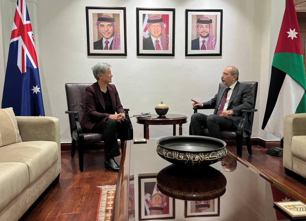 Jordanian Foreign Minister Ayman Safadi meets with Australian Foreign Minister Penny Wong in Amman, Jordan. (Reuters)
