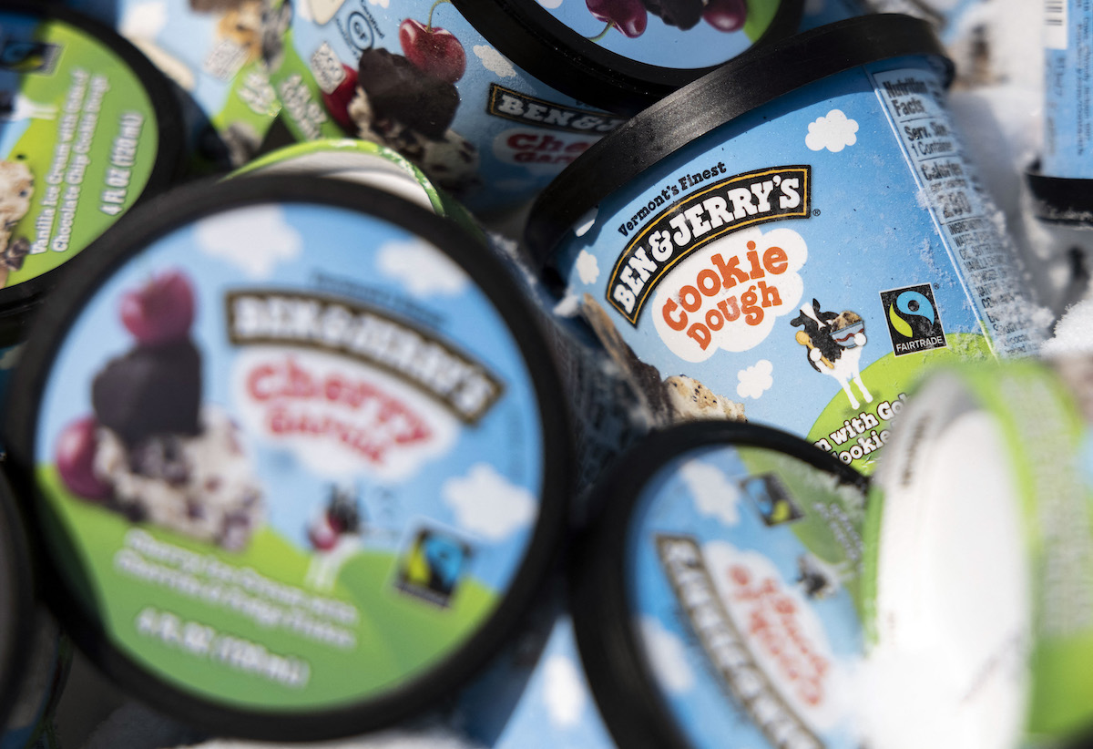 Ben and Jerry's ice cream is stored in a cooler at an event where founders Jerry Greenfield and Ben Cohen gave away ice cream to bring attention to police reform at the US Supreme Court. (File/AFP)