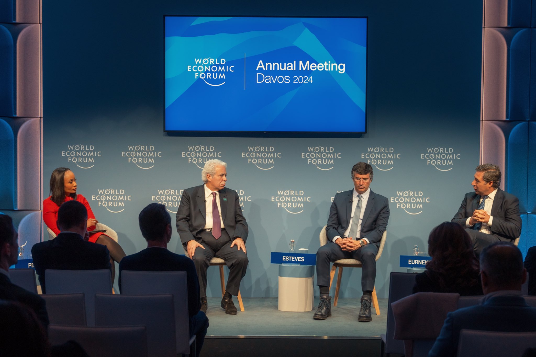 Saudi Minister of Commerce Majid Al-Qasabi at the “Frictionless Services" panel discussion at the World Economic Forum. (X/@malkassabi)