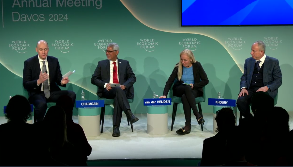 Kitty van der Heijden (C, R), deputy executive director of partnerships at the agency, said nowhere was safe for those trapped in the middle of the battle between Hamas and Israeli forces. (Screenshot/WEF)