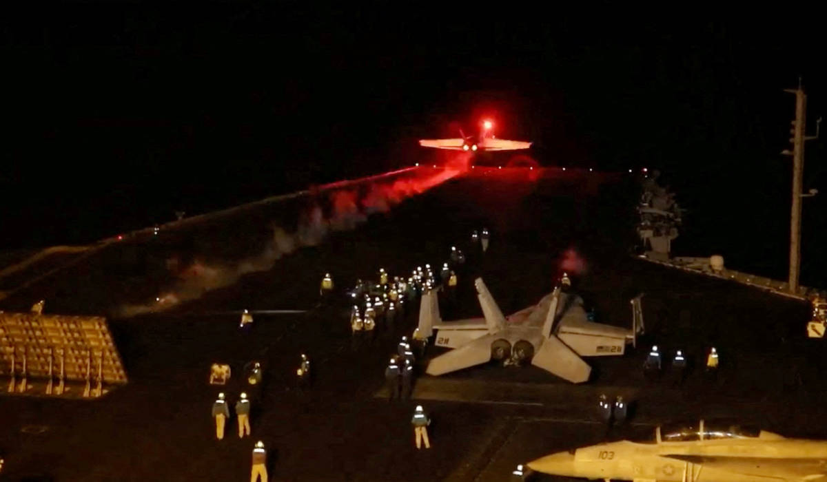 An aircraft takes off to join the U.S.-led coalition to conduct air strikes against military targets in Yemen, aimed at the Iran-backed Houthi militia that has been targeting international shipping in the Red Sea, from an undisclosed location, in this handout picture released on January 12, 2024. (REUTERS)