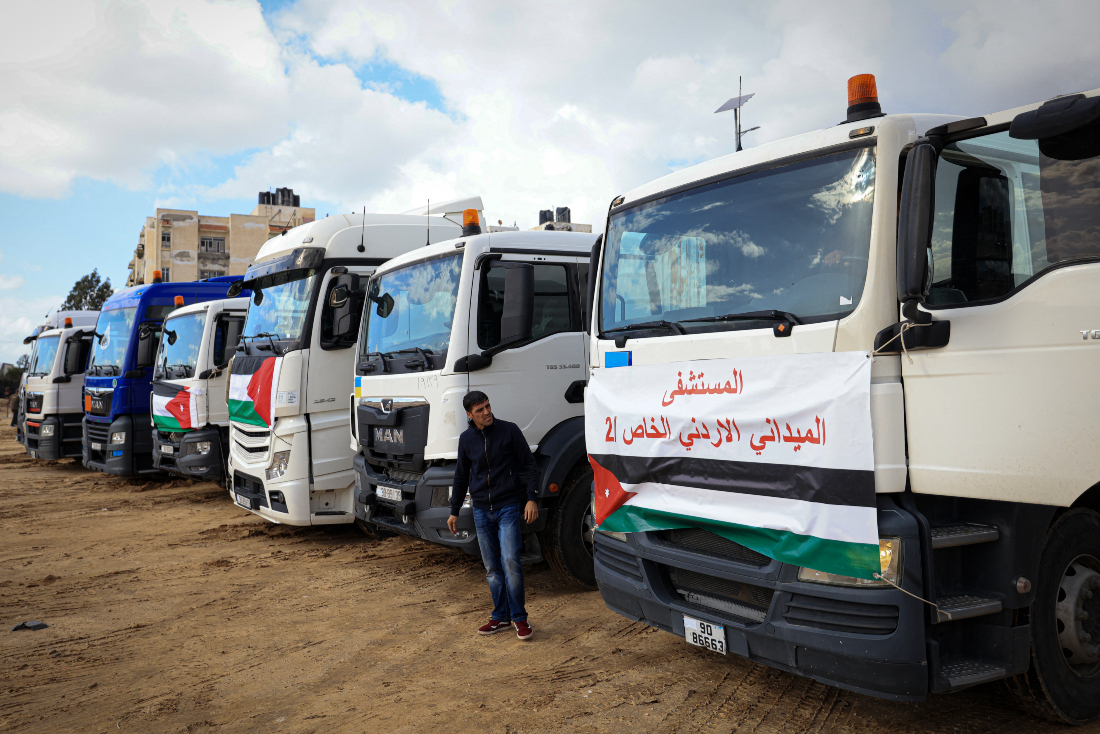 Aid convoy transporting a Jordanian field hospital upon arrival in Khan Yunis in the southern Gaza Strip. (File/AFP)