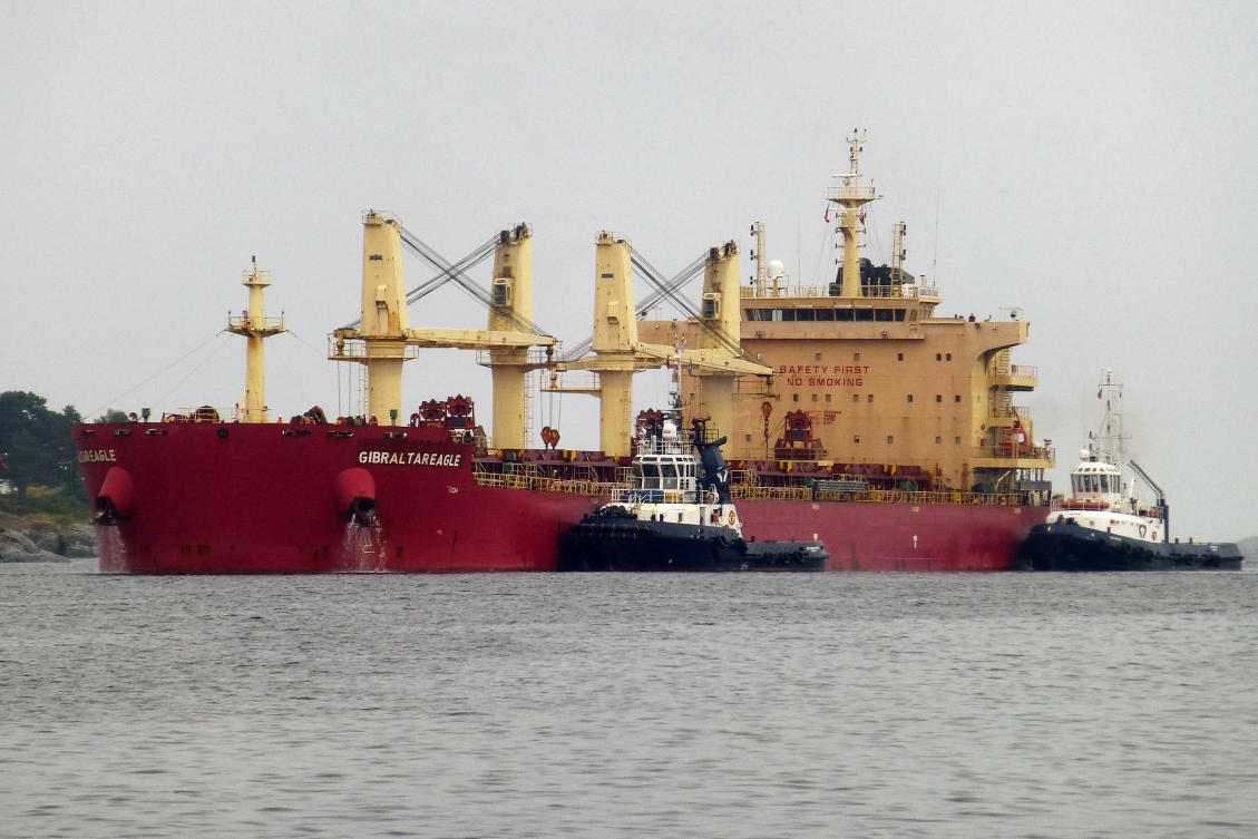 The bulk carrier Gibraltar Eagle is seen off Kristiansand, Norway. Houthis fired a missile striking the US-owned ship Monday, Jan. 15, 2024, just off the coast of Yemen in the Gulf of Aden. (File/AFP)