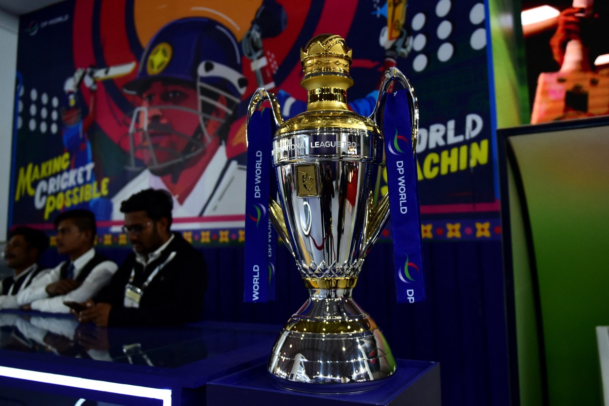 UAE's DP World International League T20 (ILT20) Cricket Trophy is pictured at the Vibrant Gujarat Trade Show in Gandhinagar on January 11, 2024 (AFP)