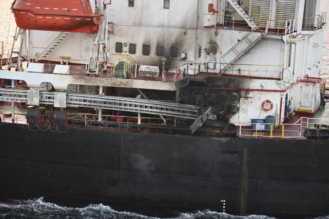 This photograph provided by the Indian Navy shows US-owned ship Genco Picardy that came under attack Wednesday from a bomb-carrying drone launched by Yemen’s Houthis in the Gulf of Aden, on Jan.18, 2024. (AP)