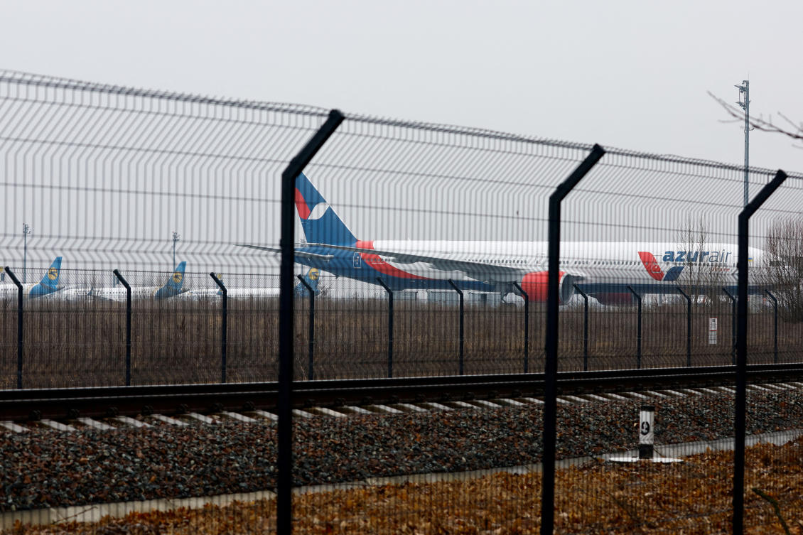 Parked planes are seen at Boryspil International Airport after Russia launched a massive military operation against Ukraine, in Boryspil, on Feb. 24, 2022. (Reuters)