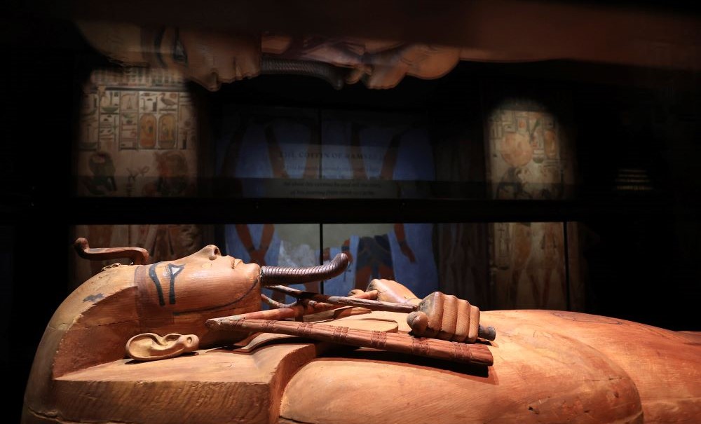 The wooden coffin of Pharaoh Ramses II on display in Paris, France, Apr. 6, 2023. (AP Photo)