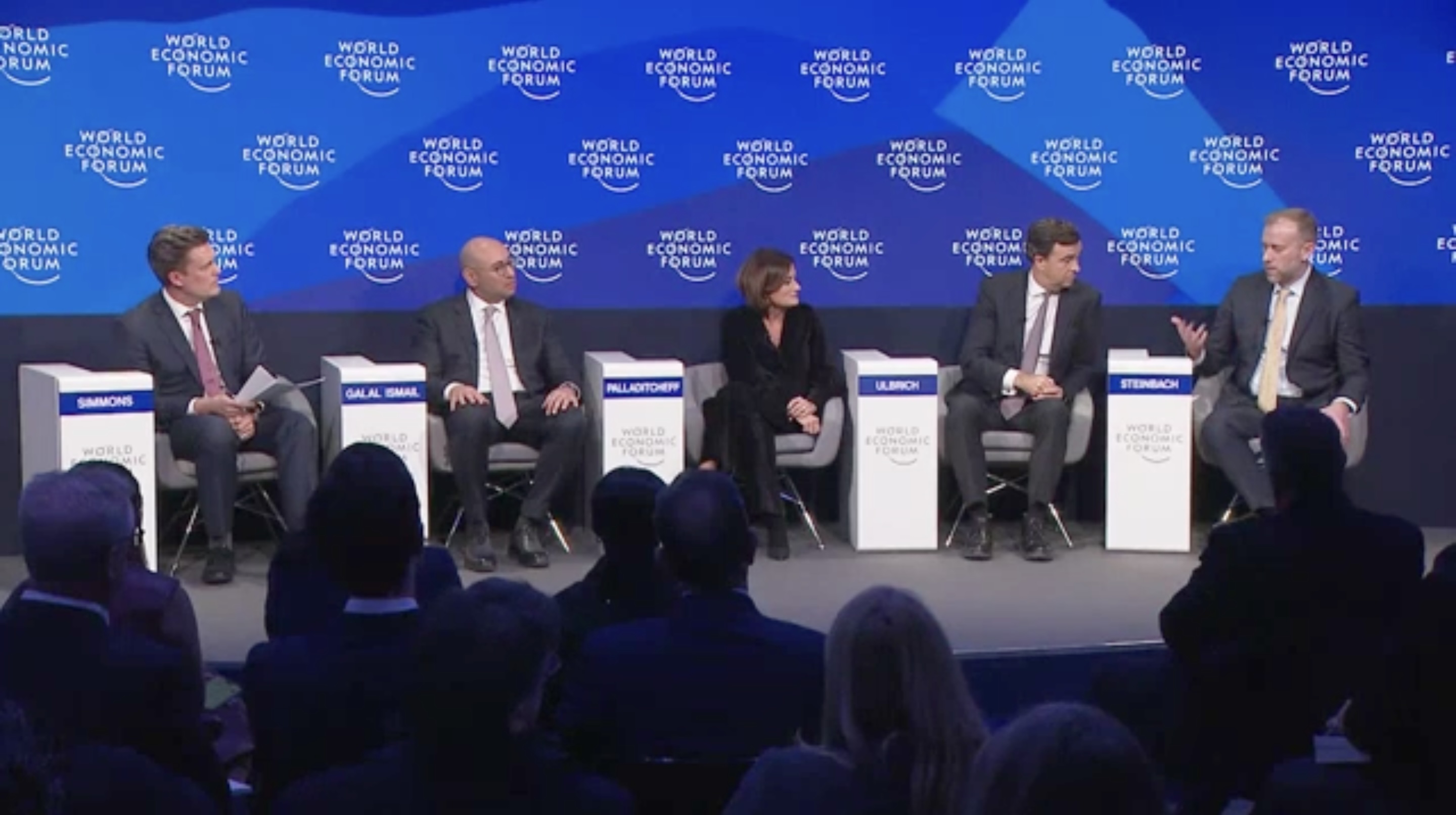 Speakers discuss the real estate sector in the Middle East during a panel discussion at the World Economic Forum in Davos, Switzerland.