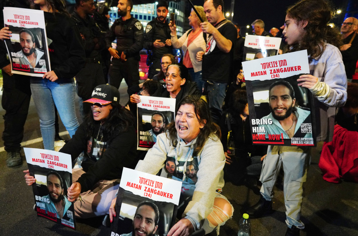 Families of hostages and supporters protest to call for the release of hostages kidnapped on the deadly October 7 attack by Palestinian Islamist group Hamas, in Tel Aviv, Israel, January 20, 2024. (REUTERS)