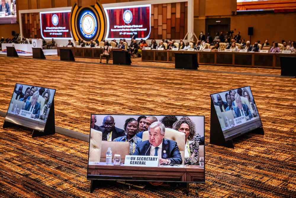 UN Secretary-General Antonio Guterres speaks at the 19th Summit of Heads of State and Government of the Non-Aligned Movement on Jan. 20, 2024. (AFP)