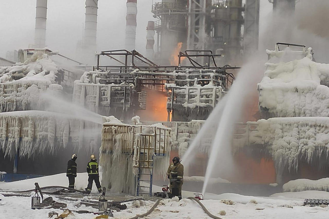 In this photo released by Telegram Channel of head of the Kingisepp district administration Yuri Zapalatskiy, fire fighters extinguish the blaze at Russia's second-largest natural gas producer, Novatek in Ust-Luga, 165 kilometers southwest of St. Petersburg, Russia (AP)