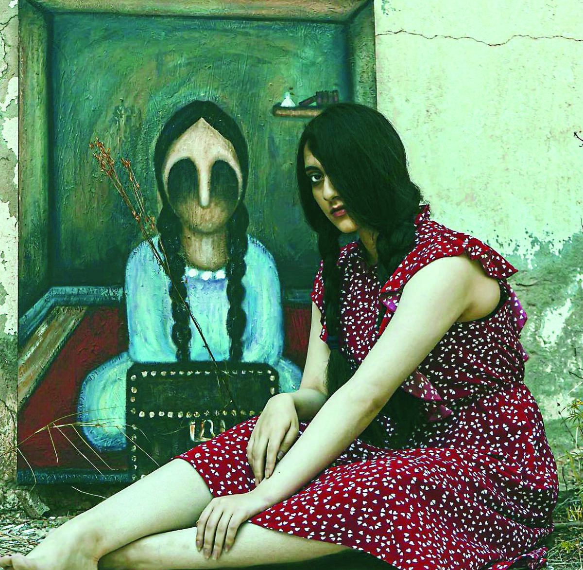 Life imitates art in this portrait depicting areej obaid’s painting with model Shahad Habibah, captured by photographer Fatimah Saleh. (Supplied)