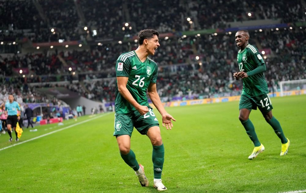 Saudi Arabia’s Faisal Alghamdi celebrates after scoring his side’s second goal during the Asian Cup Group F game against Kyrgyzstan at Ahmad Bin Ali Stadium, Doha, Qatar, Jan. 21, 2024. (AP Photo)